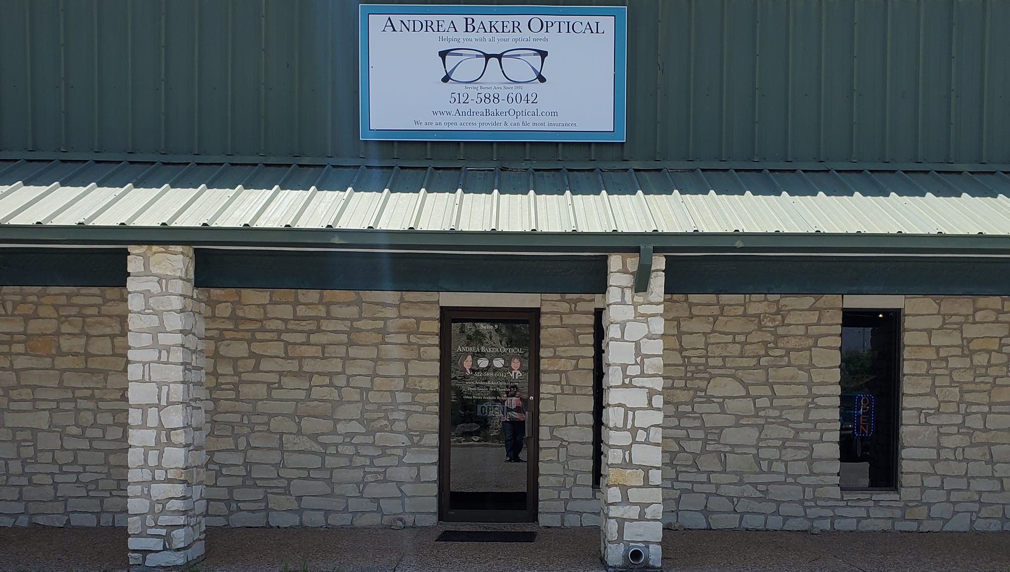 Storefront of Andrea Baker Optical, Suite 9, at 1001 Buchanan Dr in Burnet, TX
